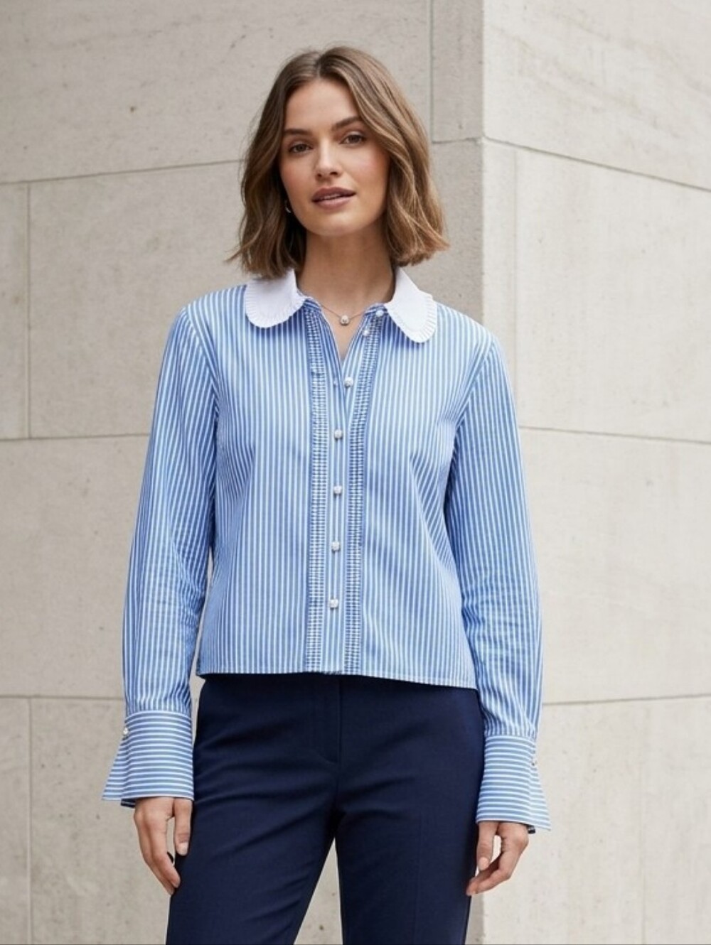 J.Crew Blue White Stripe Organic Cotton Pearl Button Garçon Shirt Blouse Size 6